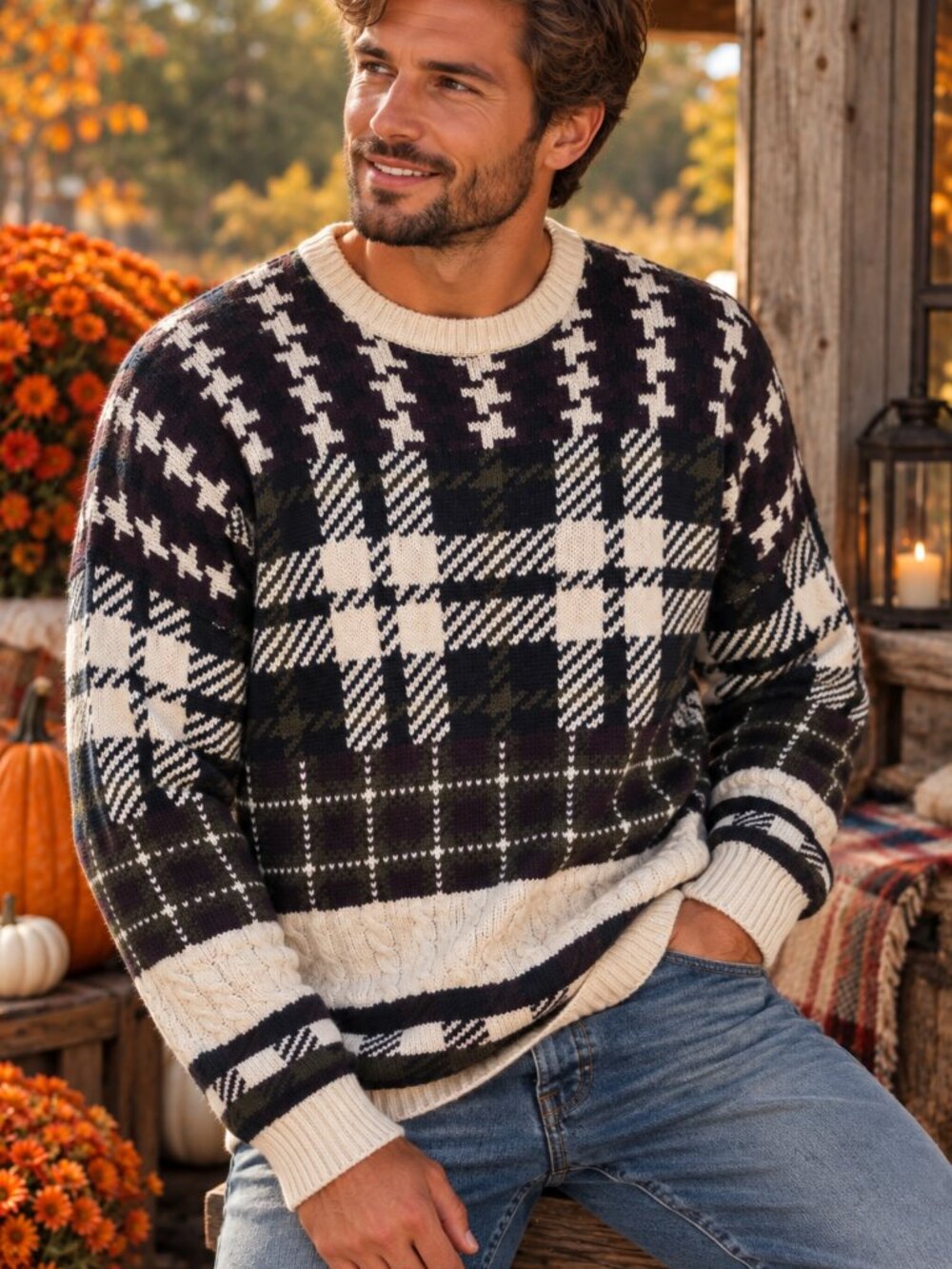Vintage Woods & Gray Mens L Plaid Houndstooth 100% Cotton Grandpa Sweater 157